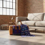 Blue kilim leather duffle bag on floor with matching wool throw blanket, showing detailed handwoven patterns and craftsmanship