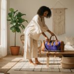Woman in beige outfit holding blue kilim leather duffle bag with traditional handwoven wool patterns in sunlit room