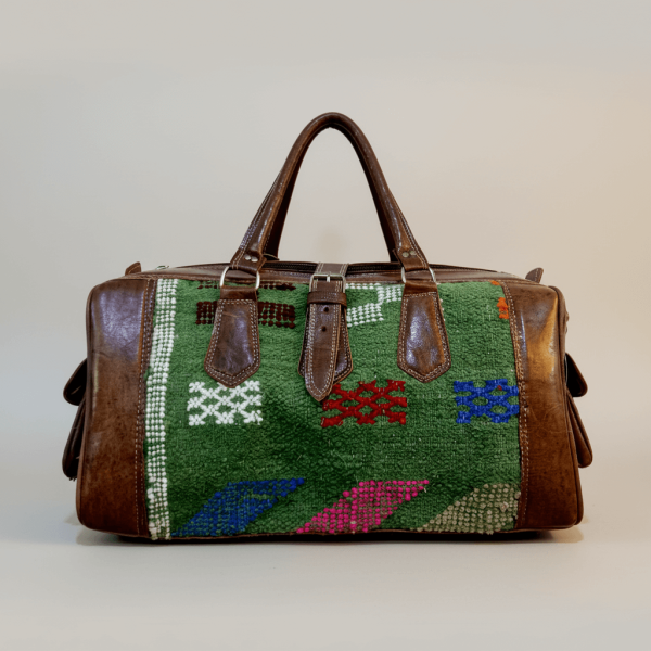 Moroccan green kilim pattern leather duffle bag front view