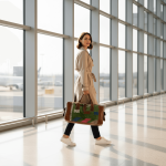 Woman walking through airport carrying kilim leather duffle bag with green wool panel, perfect weekend travel companion