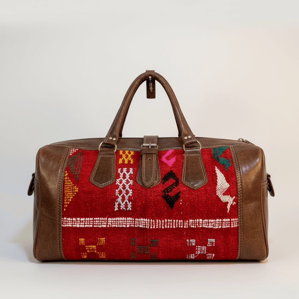 Moroccan Red Kilim Leather Duffle Bag – Featured Product Photo Kilim leather duffle bag with red handwoven wool panels and brown leather trim, featuring dual handles and brass hardware