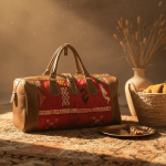 Kilim leather duffle bag in warm lighting with traditional red wool kilim center panel and tan leather sides on textured rug