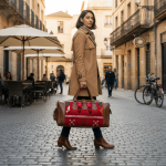 Woman in trench coat standing on cobblestone street with red kilim leather duffle bag featuring traditional wool panels