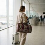 Woman carrying handwoven kilim leather duffle bag over her shoulder inside a sunlit airport terminal