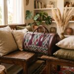 Kilim leather duffle bag styled on a wooden bench in a bohemian living room with linen cushions and pampas grass