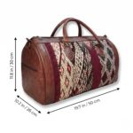 Dimension diagram of kilim leather duffle bag with arrows showing 50 cm length, 30 cm height, and 26 cm depth measurements