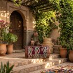 Kilim leather duffle bag placed on stone steps in a traditional Marrakech riad courtyard with golden hour lighting