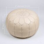 Technical dimensions for the undyed genuine leather pouf showing a 21-inch (53 cm) diameter and a 12-inch (30 cm) height.