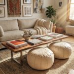 Two undyed genuine leather pouf ottomans placed under a live-edge wooden coffee table in a bright, bohemian-style living room.