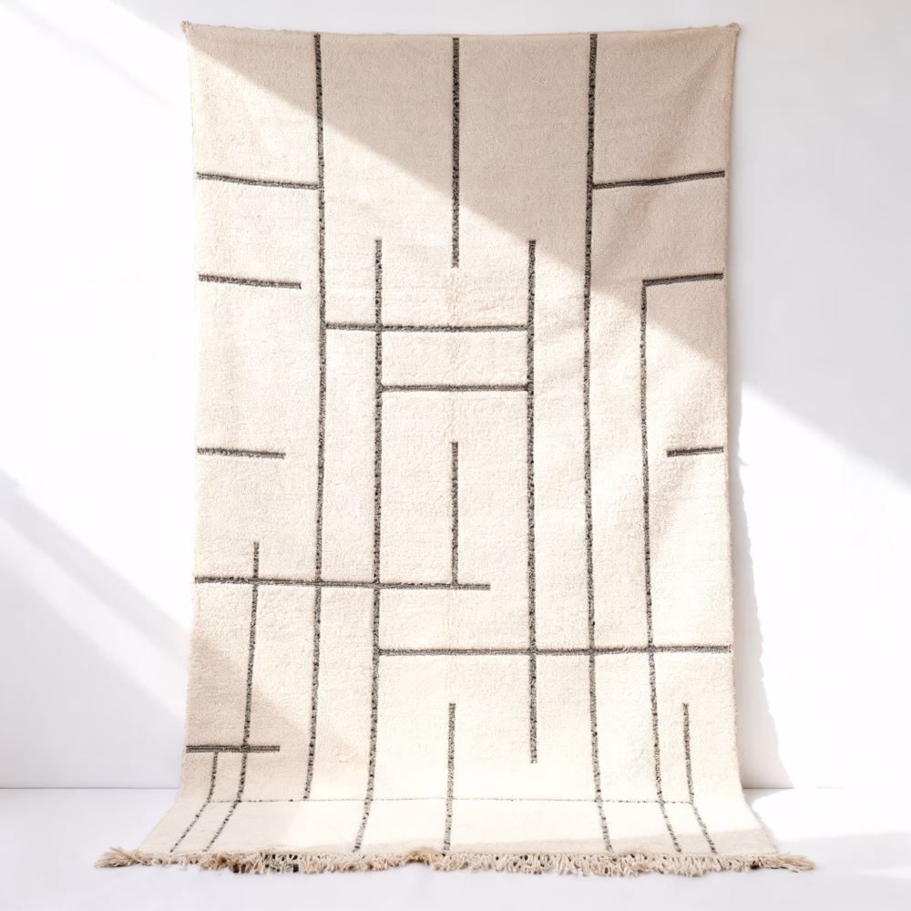 Authentic moroccan geometric rug hanging display showcasing handmade wool texture and geometric patterns