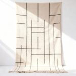Handmade white Moroccan geometric rug with black lines, premium wool, 2x3m with fringe detail