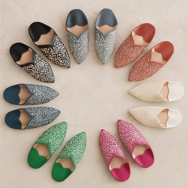 Color wheel display of Moroccan babouche slipper sets in twelve vibrant hues, arranged on mosaic-style tiled floor for a joyful palette view.