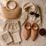 Flat-lay styling of tan Moroccan babouche slipper with straw bag, linen trousers, scarf, and dates—boho-chic outfit inspiration