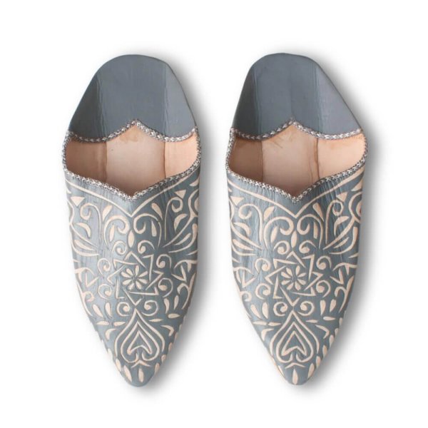 Grey engraved leather babouche slippers front view
