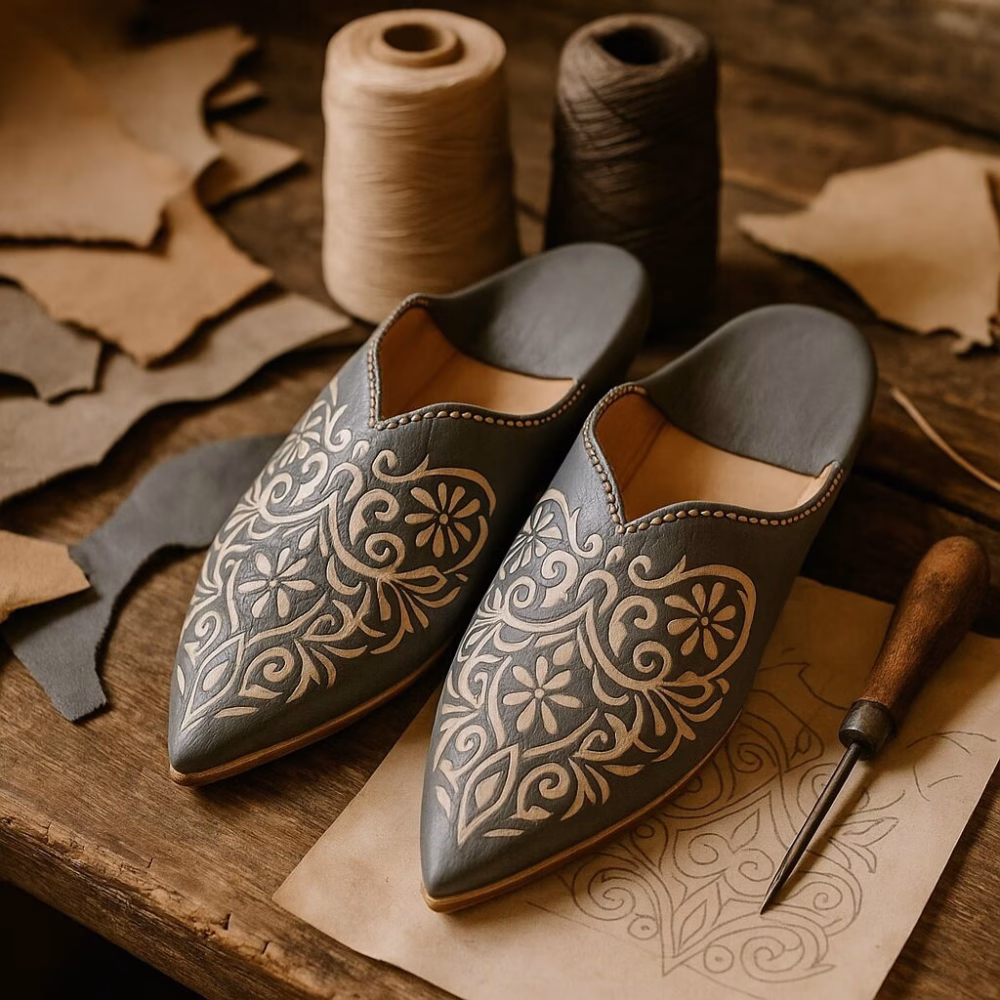 Handcrafted Moroccan babouche slipper pair in slate-gray leather, floral engraving details, shown on artisan workbench with tools and hide scraps.