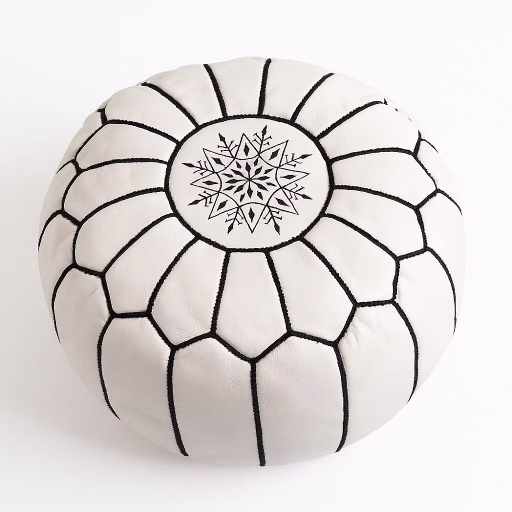 Handcrafted Multicolor Stitching Leather Pouf in Genuine White Leather