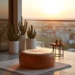 Round leather floor ottoman at bedroom foot with mid-century modern furniture and abstract art