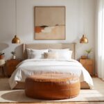 Premium leather floor ottoman at foot of upholstered bed with white linens and neutral decor