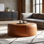 Tan leather floor ottoman as coffee table centerpiece in modern industrial living room with gray sofa