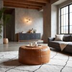 Large leather floor ottoman in loft-style living room with exposed beams and concrete floors