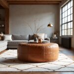 Tan leather floor ottoman in minimalist room with skylight and natural wood tones