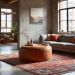 Leather floor ottoman pouf near wicker chair and tropical plant in bright sunny natural room