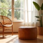 Round leather floor ottoman with candles on jute rug in serene meditation space with skylight