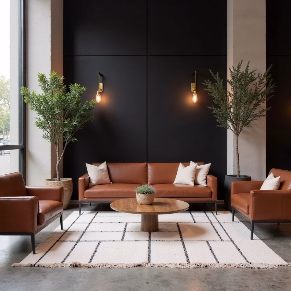White moroccan geometric rug displayed in modern living room settings with contemporary furniture