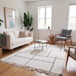 White Moroccan geometric rug styling bright living room with mid-century furniture
