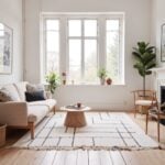 Scandinavian living room featuring white Moroccan geometric rug with black linear pattern