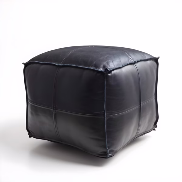 Square black leather pouf ottoman on white background