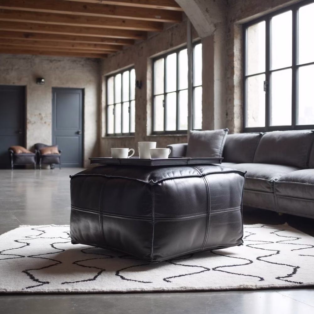 Black leather pouf in modern industrial living room