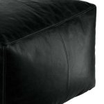 Close-up of black leather square pouf showing premium leather texture and detailed stitching craftsmanship