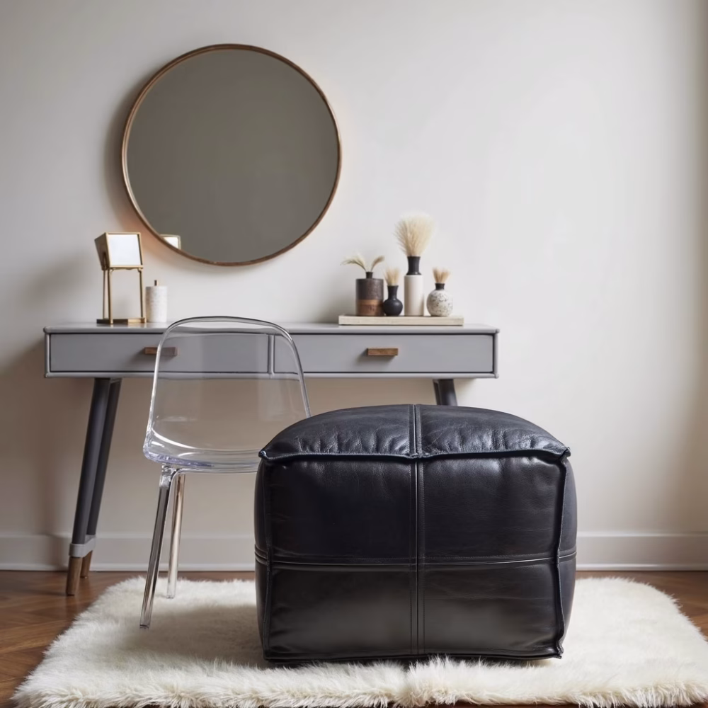 Square leather ottoman at vanity desk