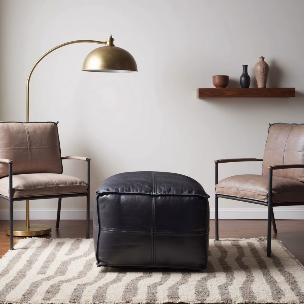 Moroccan leather ottoman with arc floor lamp