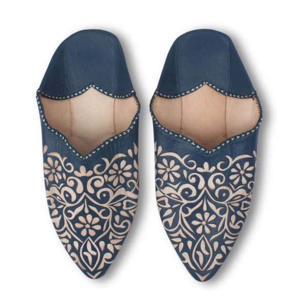 Navy blue Moroccan babouche slippers with traditional pattern