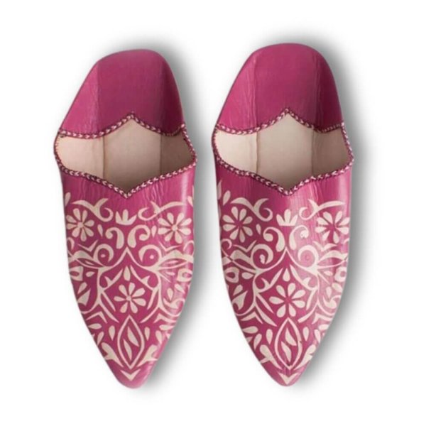 Pink Moroccan babouche slippers with intricate pattern