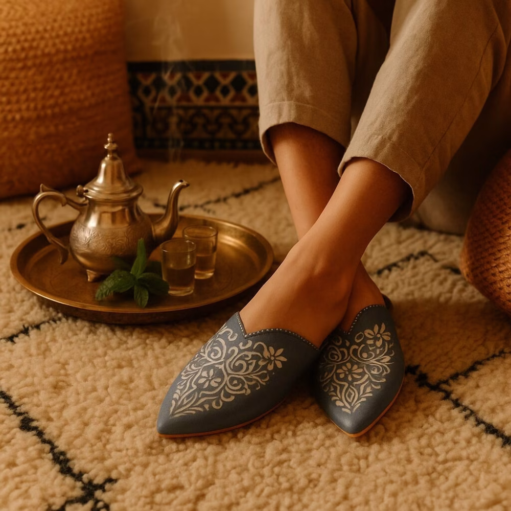Relaxed scene with blue Moroccan babouche slipper on cushioned rug beside brass tray, silver teapot, and steaming mint tea glasses.