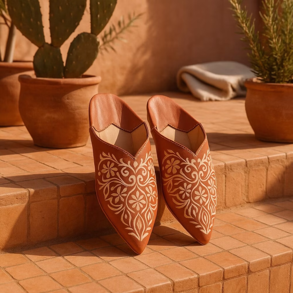 Sunlit terrace shot of terracotta Moroccan babouche slipper pair leaning against tiled step, framed by potted cactus and rosemary.