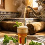 A traditional Moroccan silver teapot pouring hot mint tea from a height into a decorative glass to create foam, surrounded by fresh mint leaves on an engraved tray in a sunlit Riad.