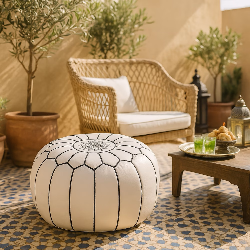 White leather pouf on a tiled Moroccan terrace, surrounded by wicker furniture and lush potted olive trees.