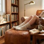 A person relaxing in a leather armchair with their feet up on a tan leather floor ottoman, wearing cozy knit socks in a warm, book-filled living room.