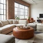 An oversized round leather floor ottoman with a woven rattan tray in the center of a spacious industrial loft living room with large windows and a cream sectional sofa.