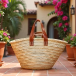 Double-handle straw tote bag in traditional Moroccan architecture setting