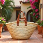 Straw tote bag on terracotta patio amid bougainvillea, handwoven palm leaf basket with dual cognac leather handles