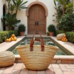 Straw tote bag at courtyard fountain entrance, handwoven palm leaf basket with cognac leather handles in Moorish setting