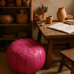 Pink leather round ottoman in artisan pottery studio - handcrafted floor pouf beneath rustic wooden table