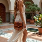 Side profile of brown leather shoulder bag crossbody worn with flowing white resort dress