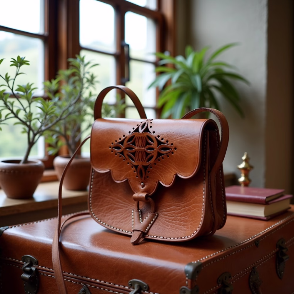 Brown leather shoulder bag styled with vintage travel accessories