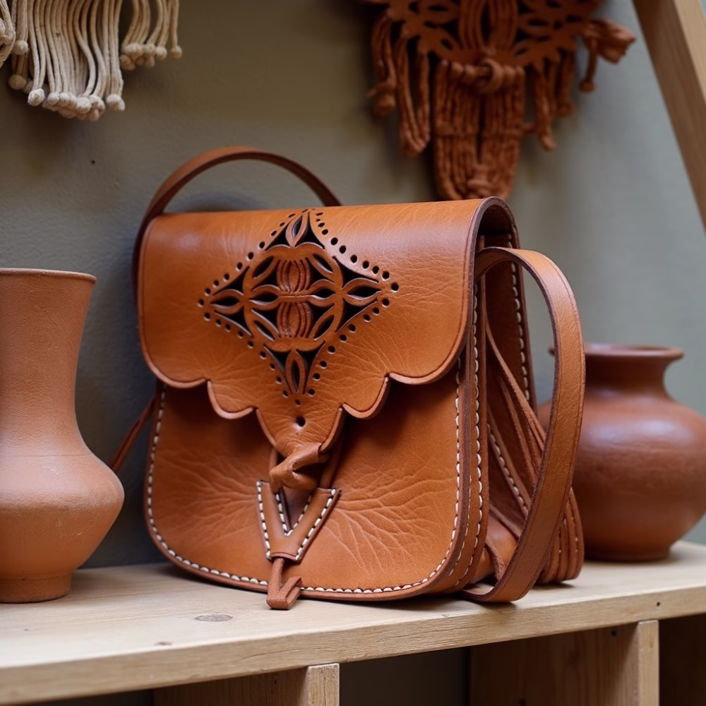 Detail shot of brown leather shoulder bag's craftsmanship